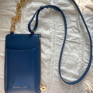 Charles & Keith Blue Leather iPhone Holder & Wallet with Detachable Strap